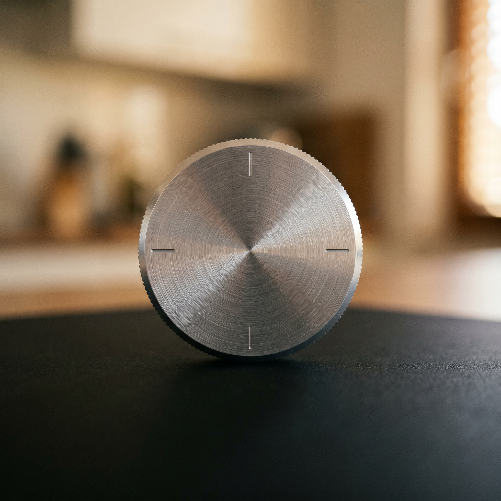 Macro close-up of a brushed-aluminum control dial