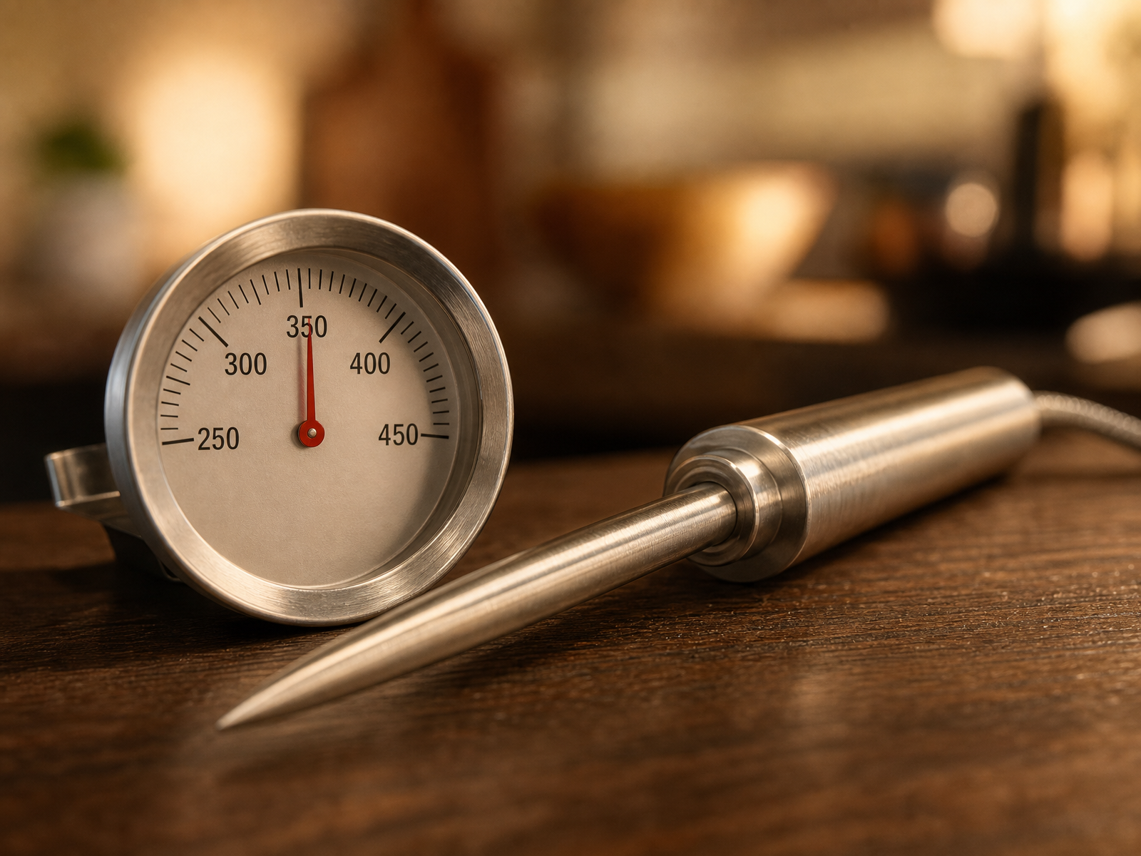 A professional oven temperature probe beside an analog thermometer dial holding exactly 350