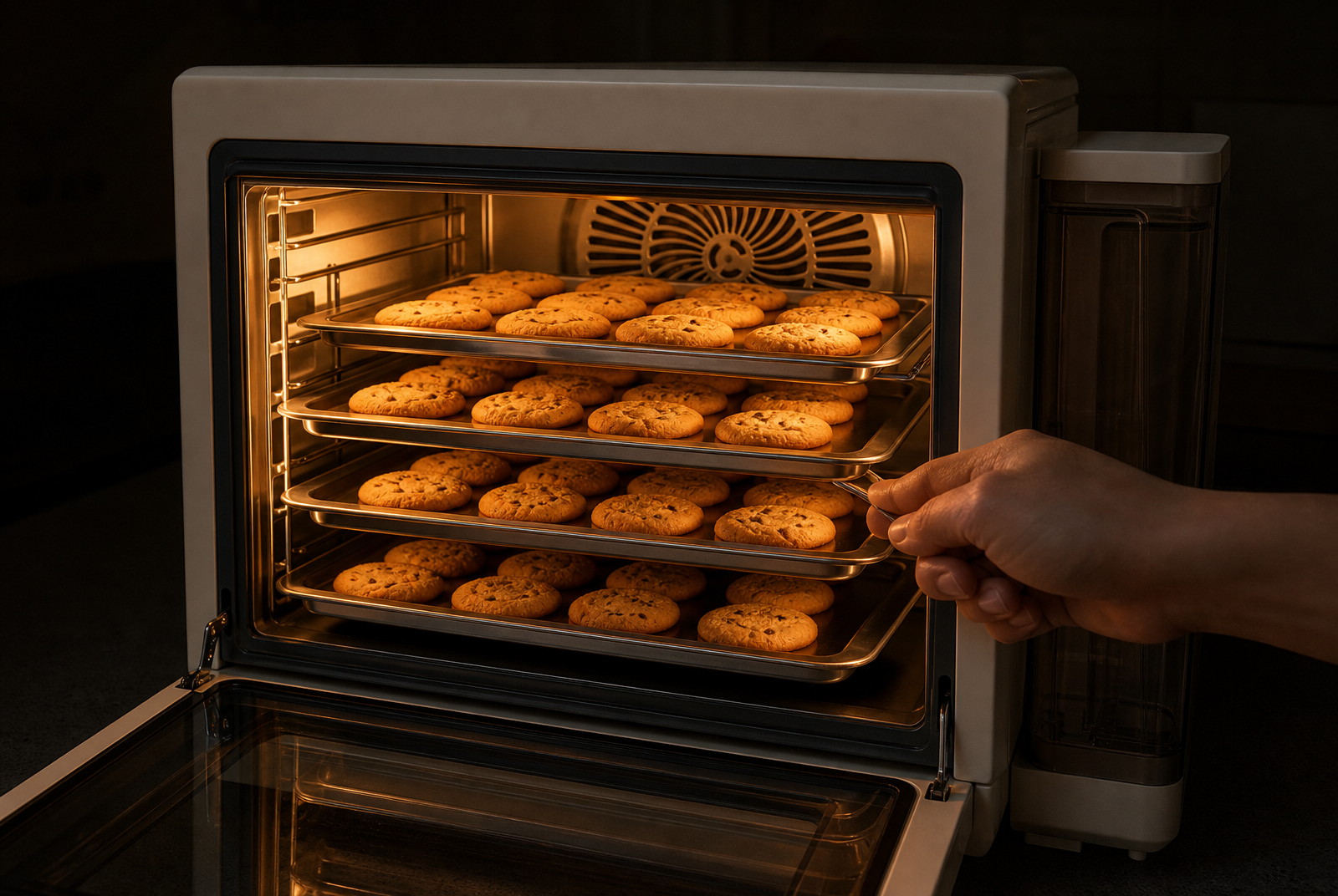 Four identical trays of golden cookies on four racks inside a cream Ounin oven, every tray the same even amber