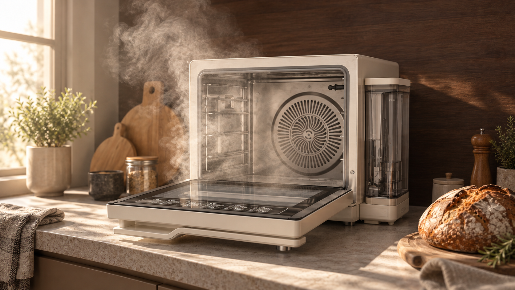 An open cream Ounin steam oven releasing steam beside a freshly baked sourdough loaf