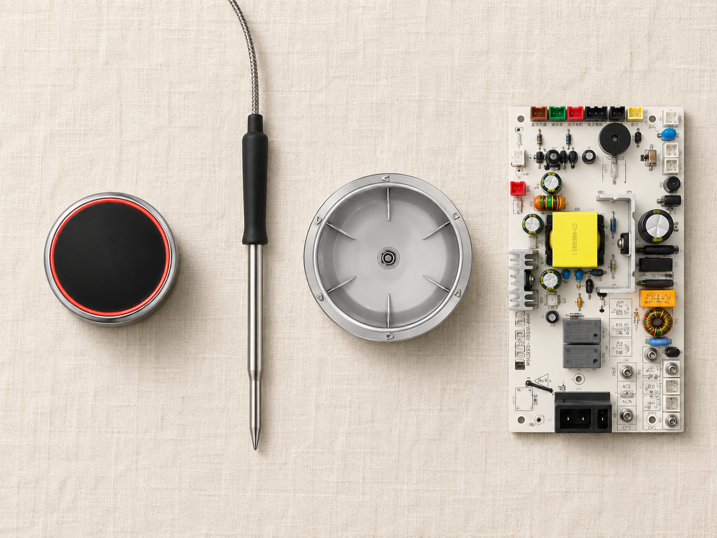 Ounin oven control dial, temperature probe, fan impeller, and control board arranged on warm linen