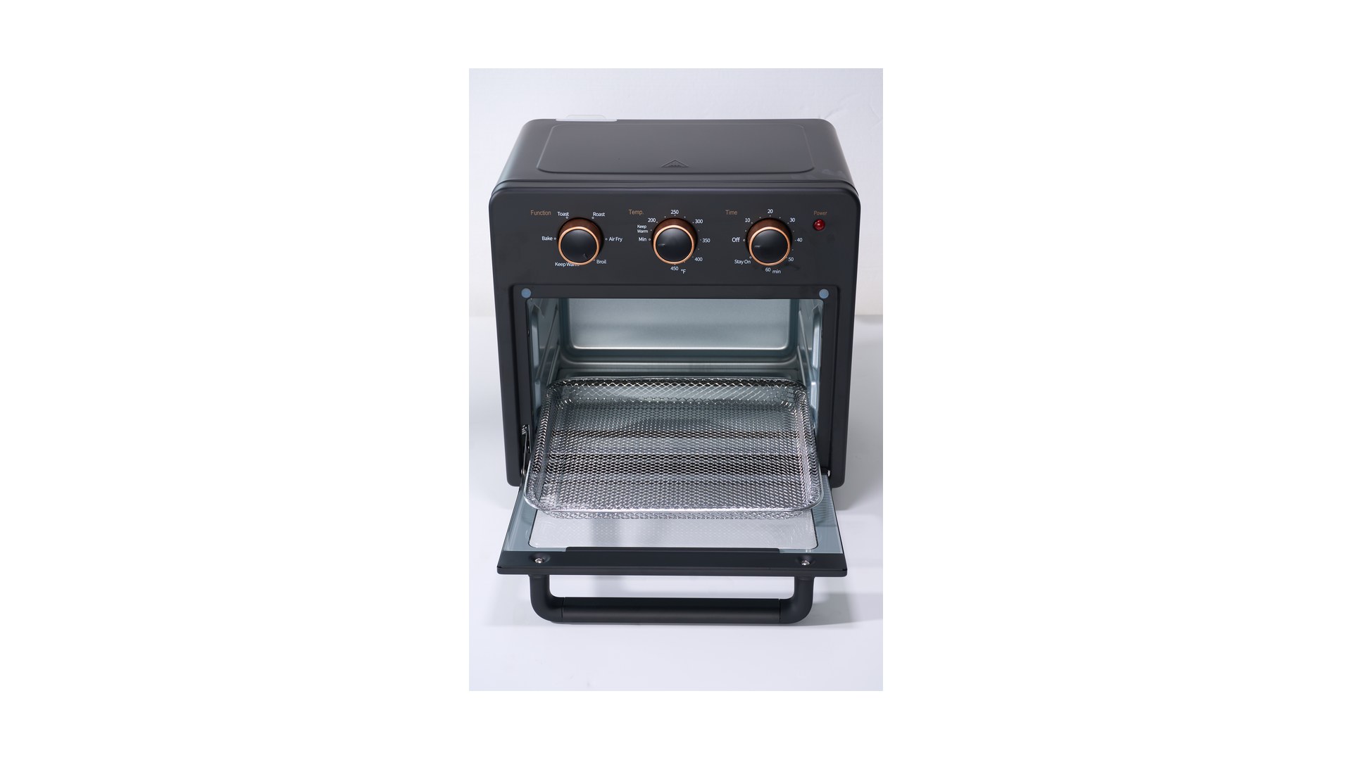 Door open, the crisping tray sliding out of the Air Fryer Oven
