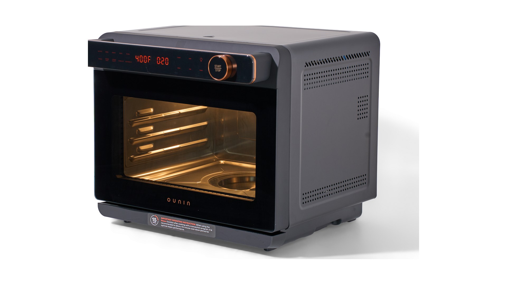 Ounin Steam Oven 24L in gunmetal, glowing cavity, English control panel