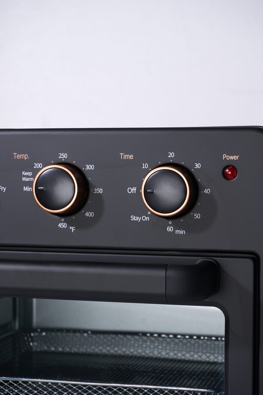 Copper-ringed dials marked in °F — temp, time and power