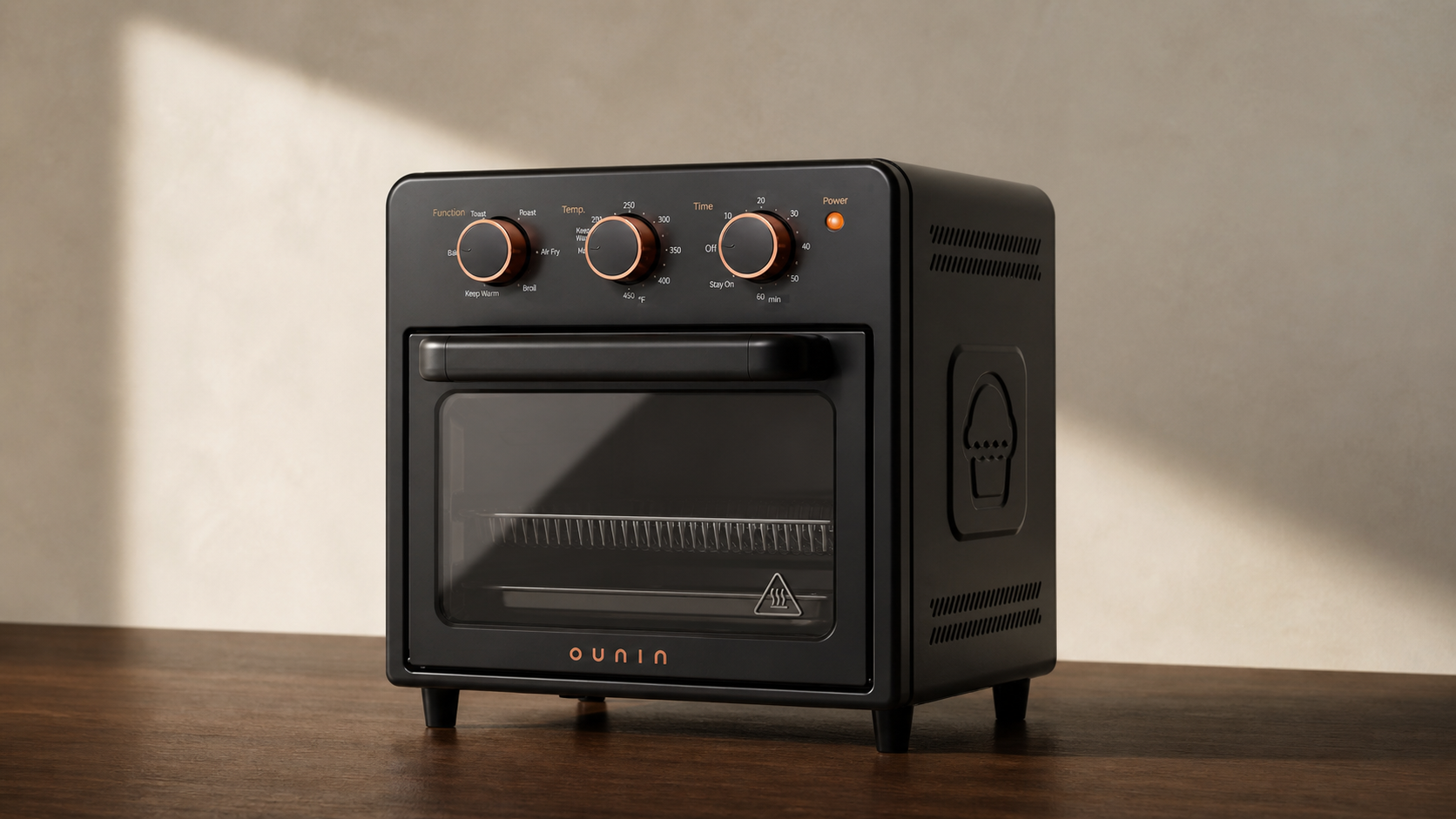 Ounin Air Fryer Oven, 12L with black door, in warm sidelight
