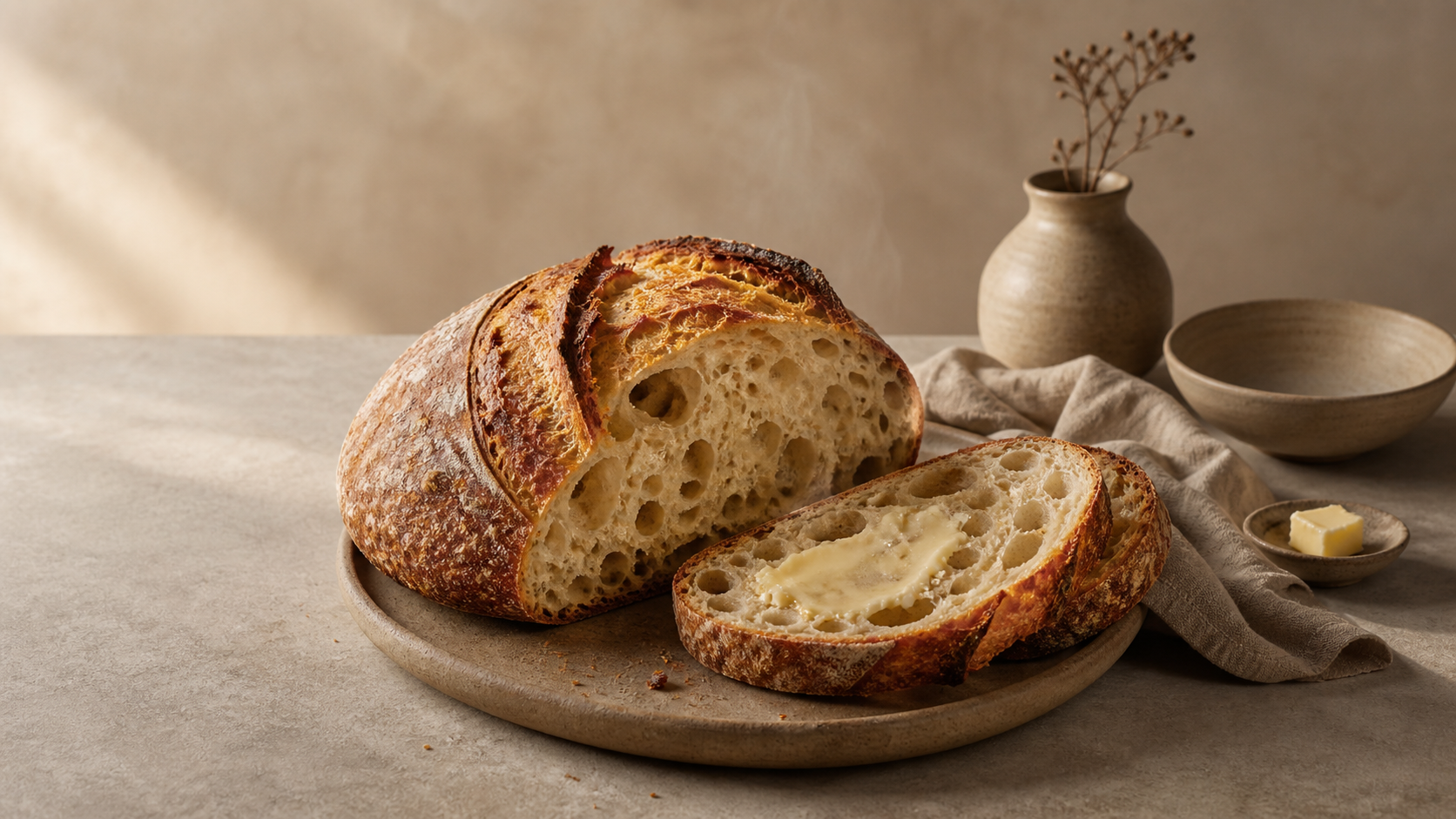 No-knead artisan bread — crackled crust, open crumb
