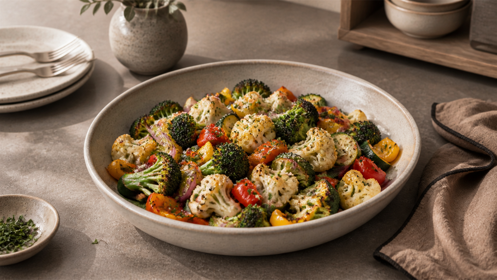 Olive oil roasted vegetables — caramelized edges, tender core