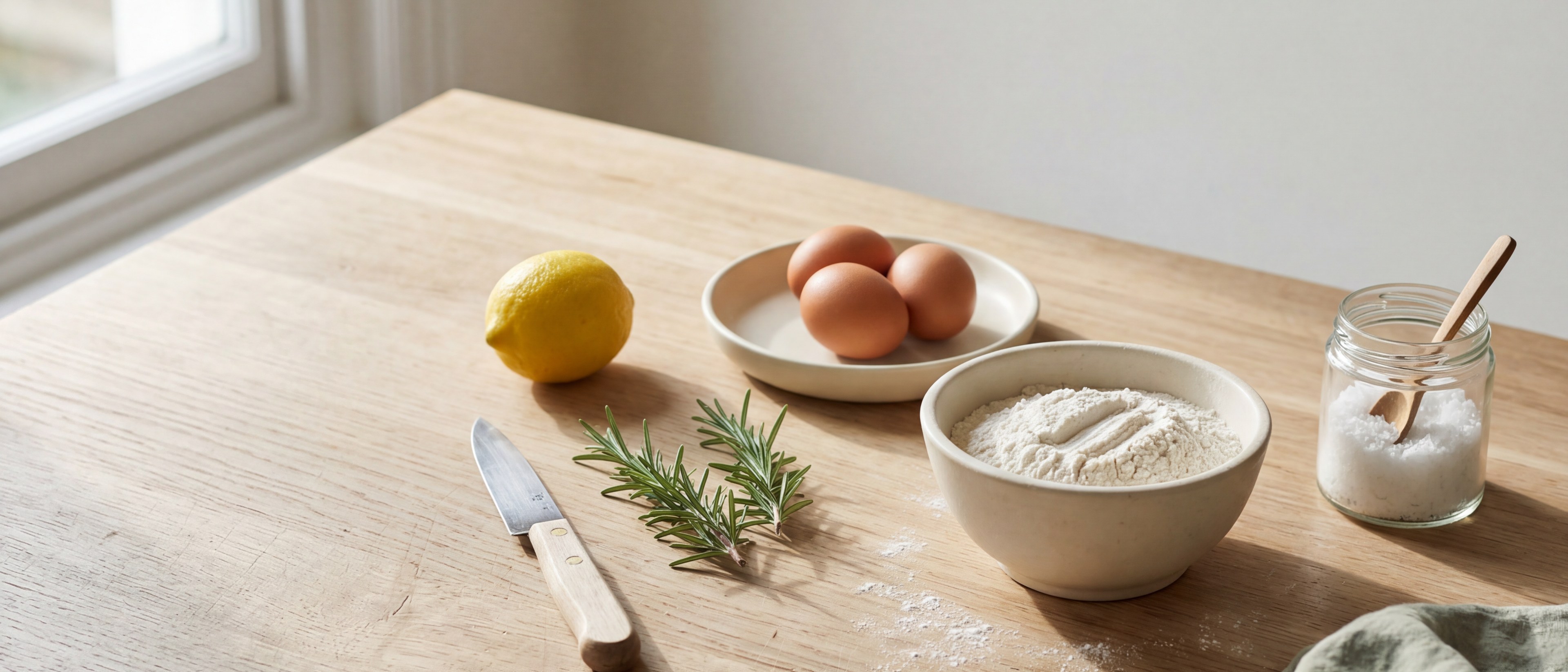 Mise en place on a pale oak counter — eggs, flour, lemon and rosemary ready to cook