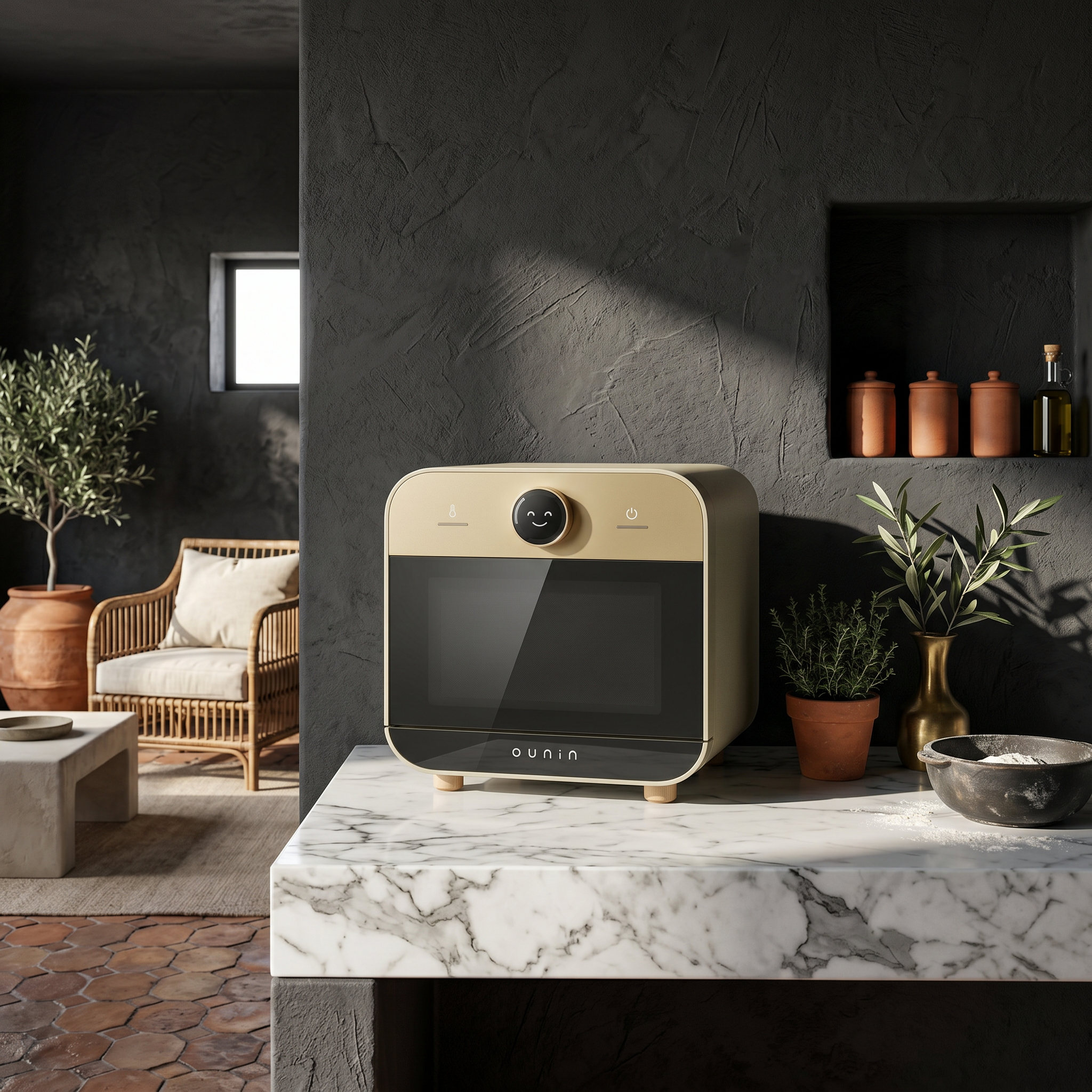 Cream Ounin oven on a marble counter in a dramatic charcoal kitchen