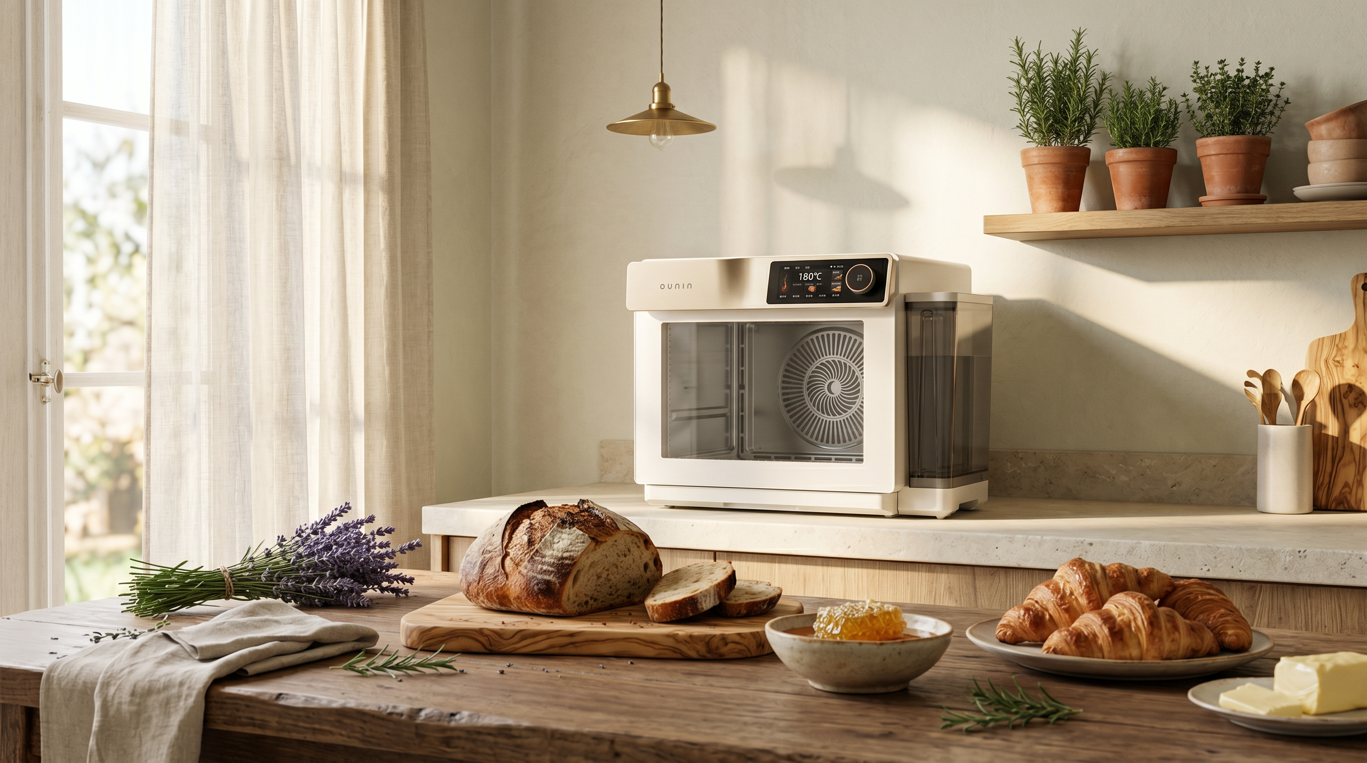 Mediterranean morning kitchen — warm light across the counter, fresh bakes beside a cream Ounin Certainty Oven
