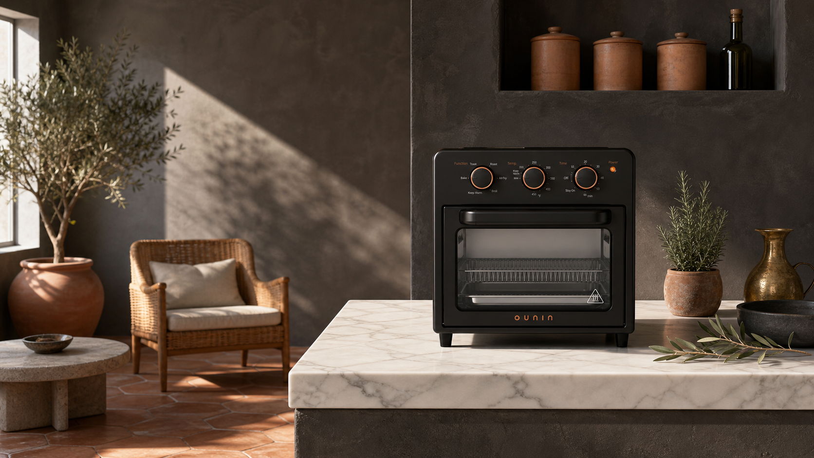 12L Air Fryer Oven on a marble island in a terracotta-toned kitchen