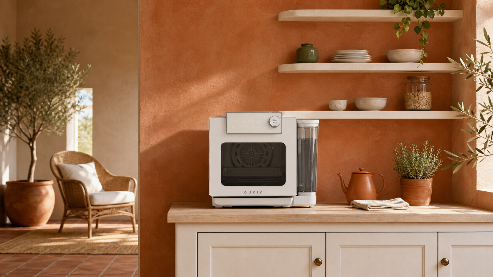 14L Certainty Oven on a butcher-block counter against sun-baked plaster