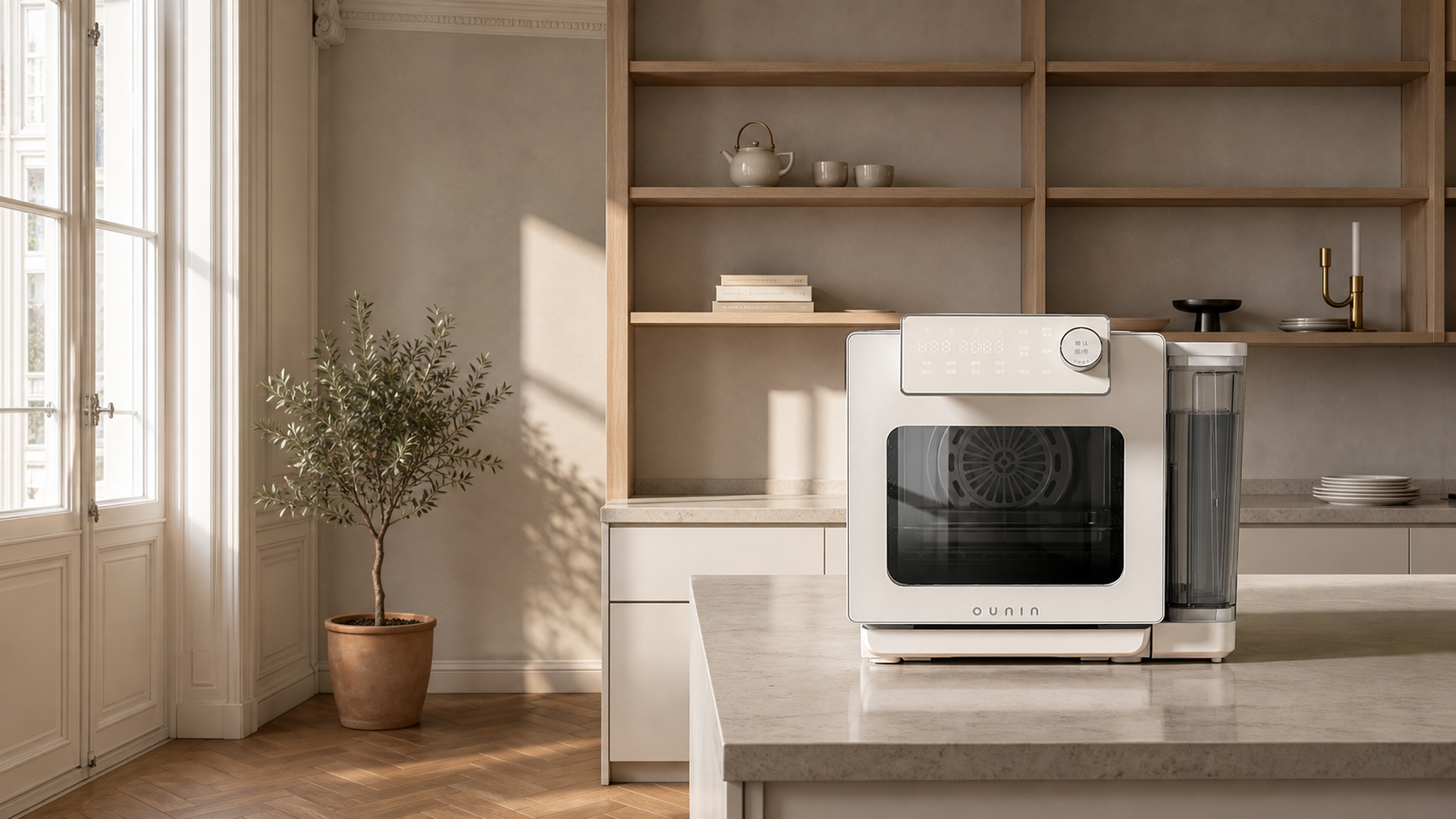 14L Certainty Oven on a stone island in a light Parisian kitchen