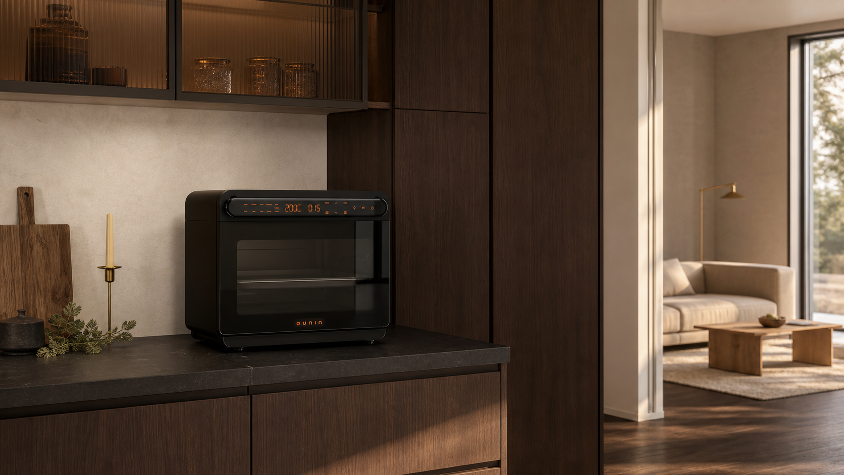 24L Steam Oven on black stone in a dark walnut kitchen
