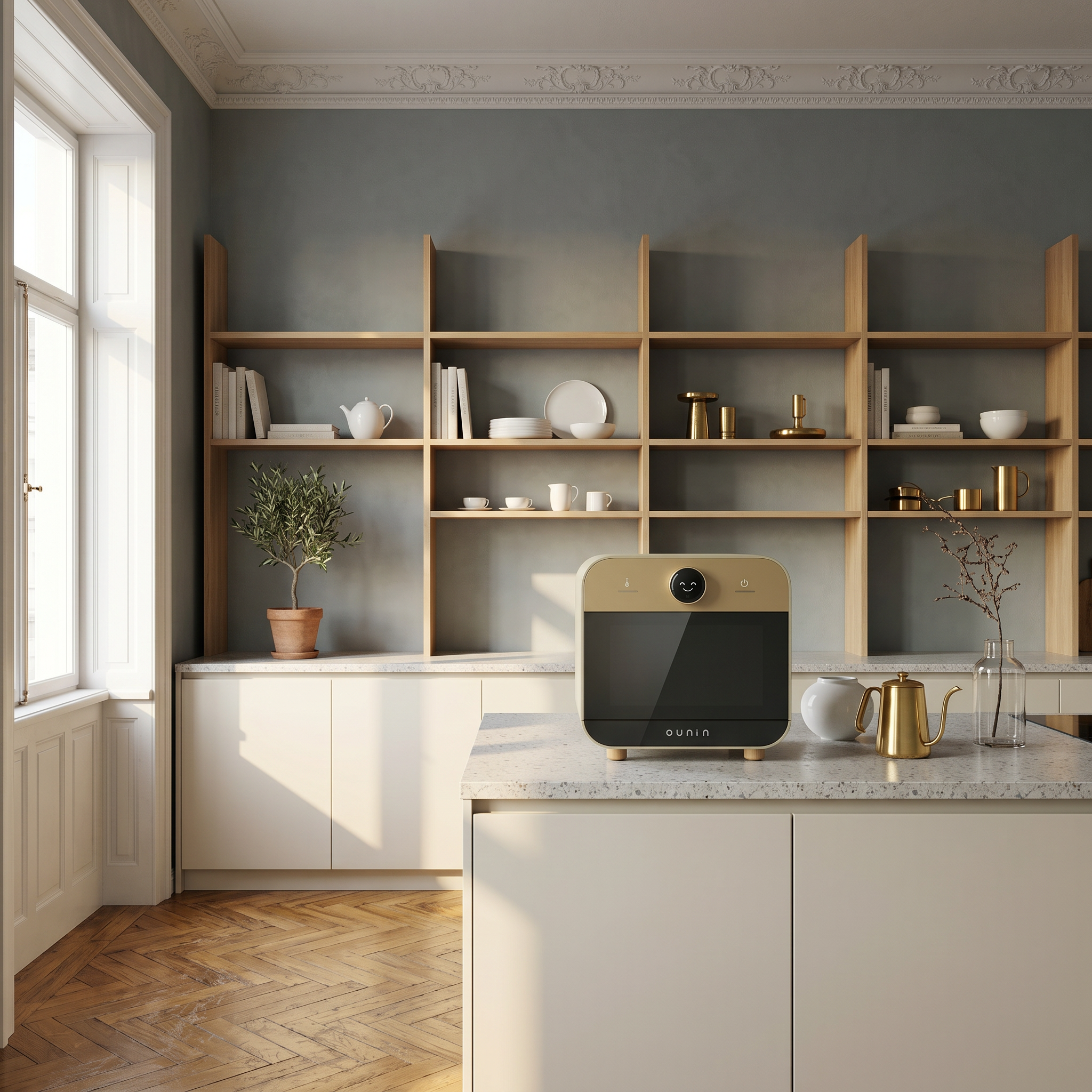 Ounin oven on a marble island in an Altbau kitchen with open oak shelving